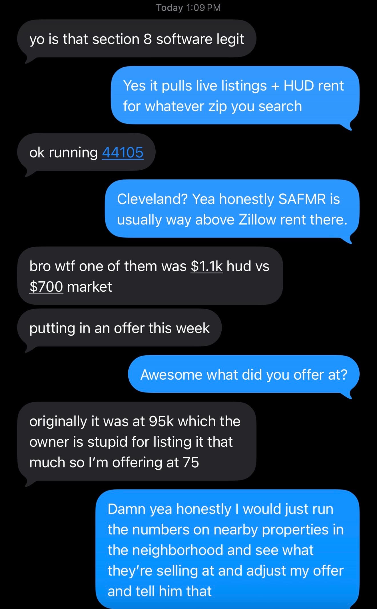 iMessage conversation about a Cleveland Section 8 deal in ZIP 44105