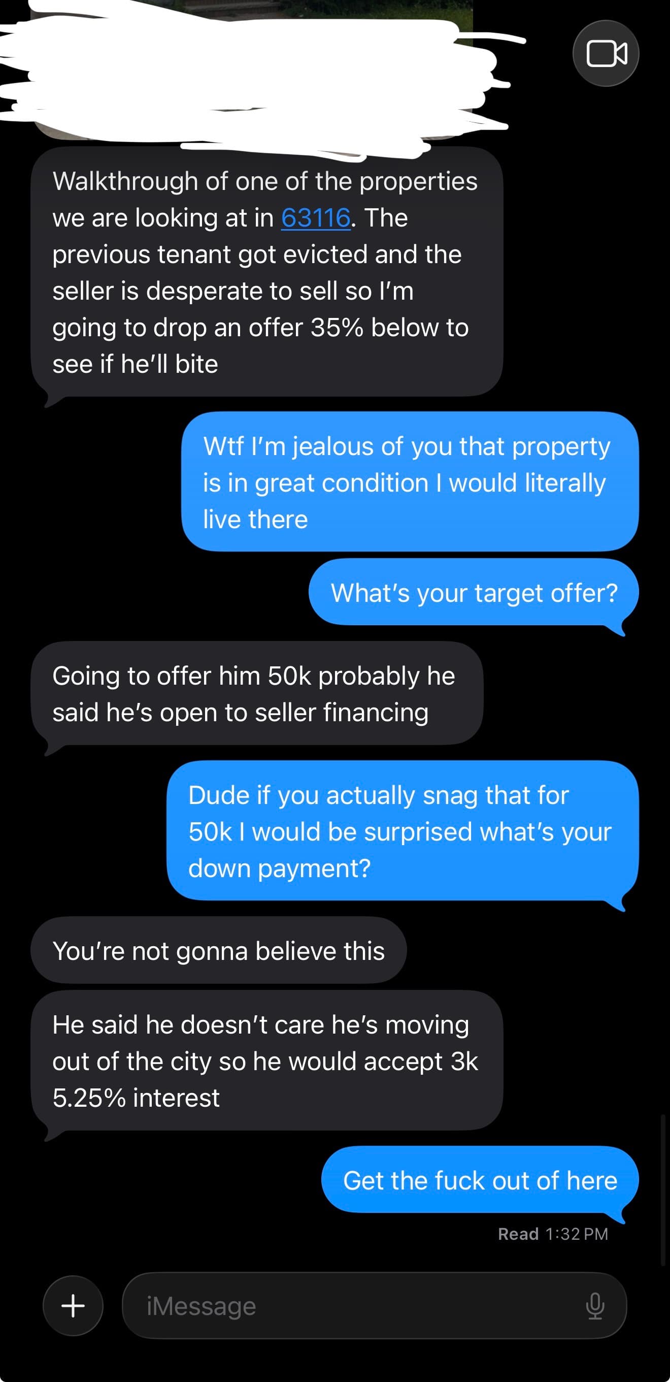 iMessage conversation about a St. Louis seller-financing deal at $50k