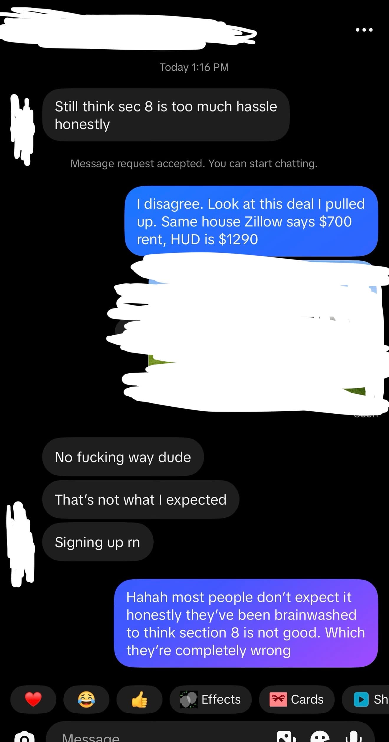 Instagram DM conversation about Section 8 rent gap and signing up