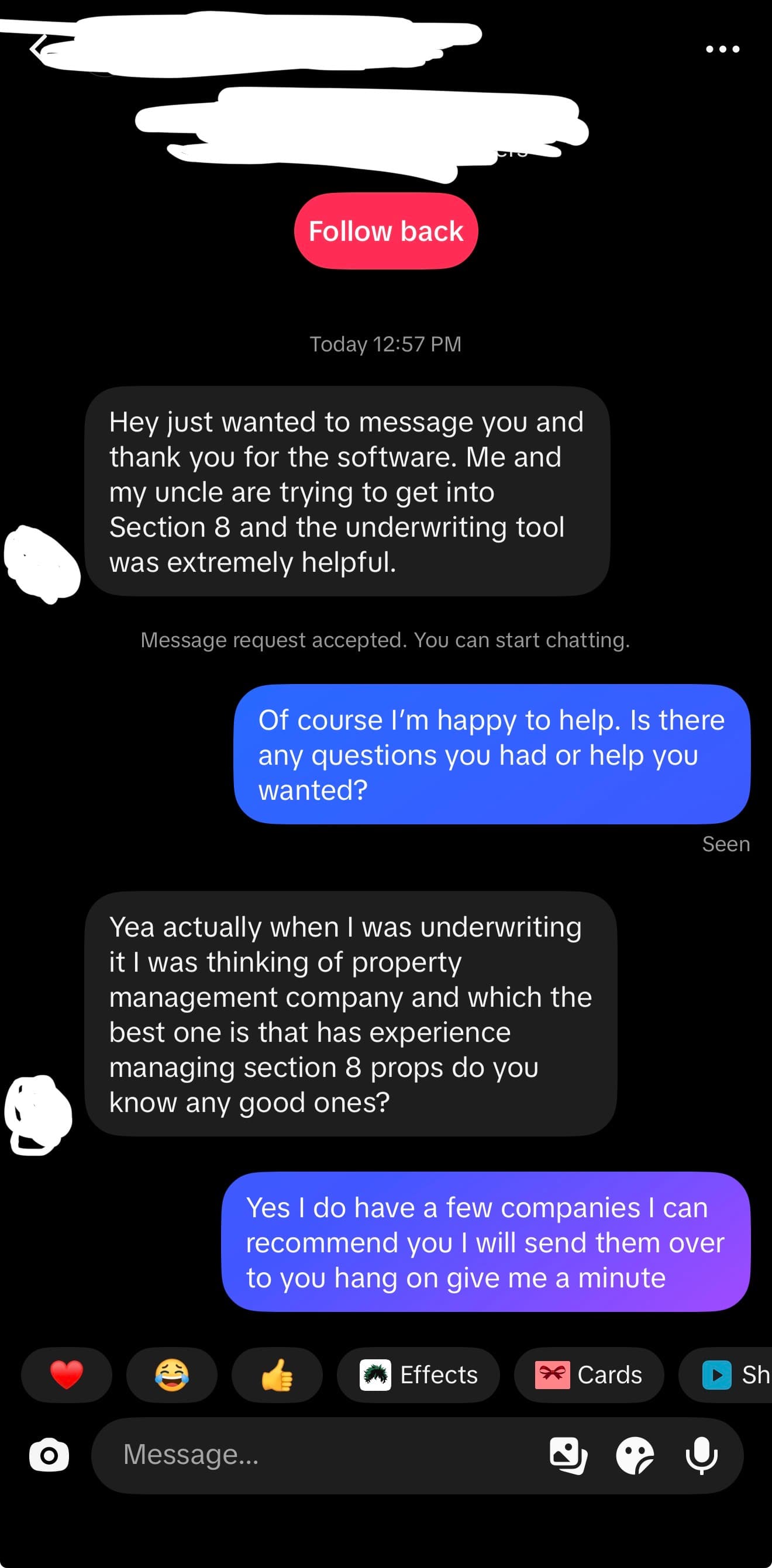 TikTok DM thanking Rich from Section 8 for the underwriting tool